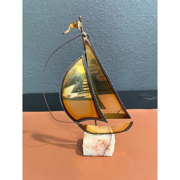 Vintage MCM Demott Brass Sailboat Sculpture On Onyx 9 inch - Picture 1 of 5